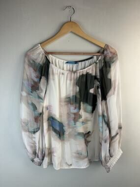 Alice + Olivia Silk Watercolor Print Off Shoulder Blouse Ivory L/XL Sheer Flowy